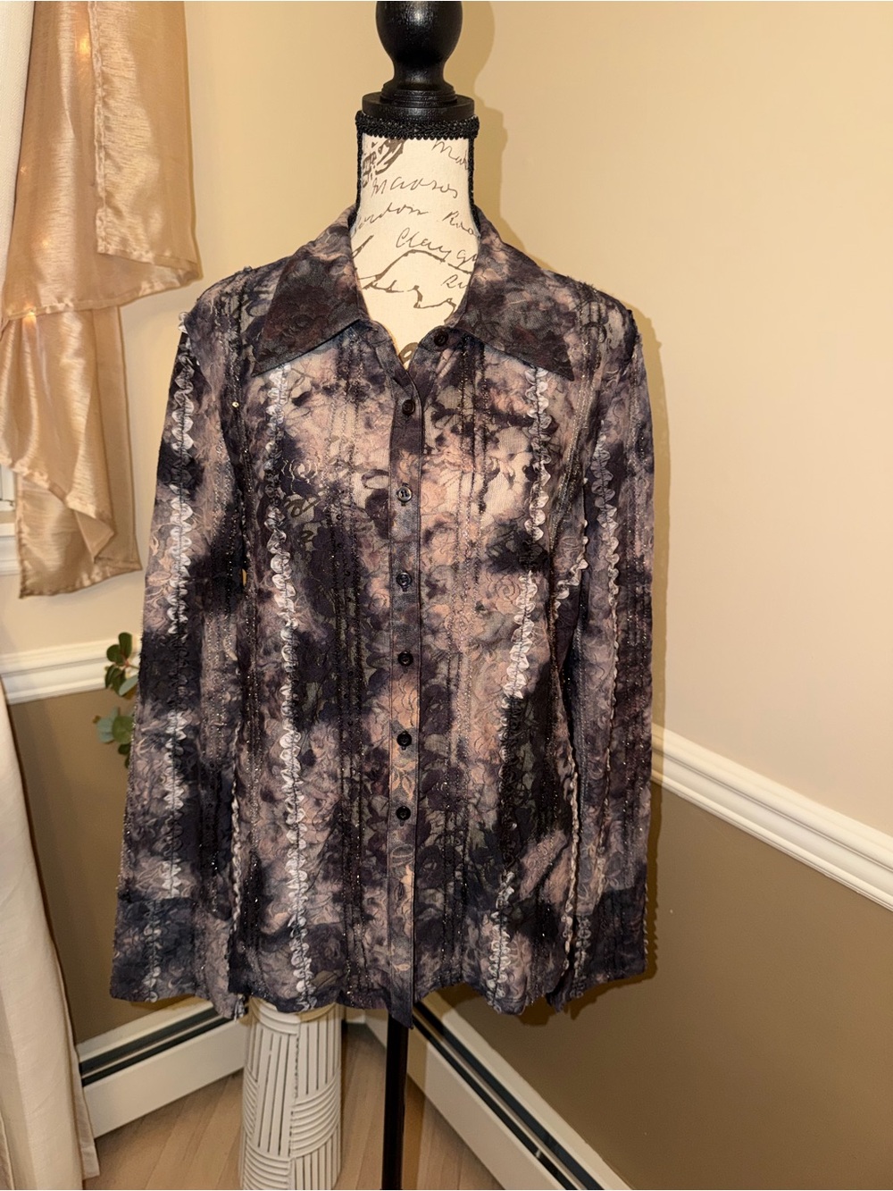 Lace Mesh Button Front Top Blouse Gray Black Romantic   Large